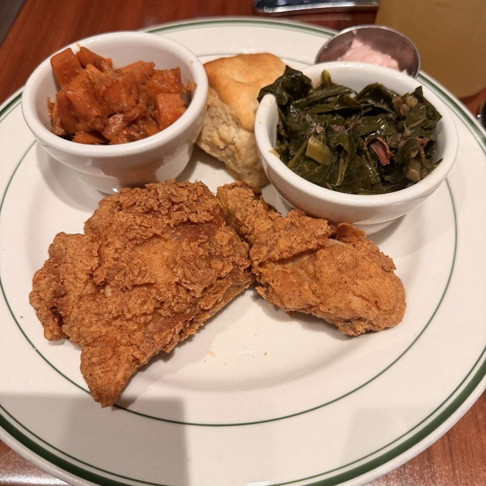 Fried Chicken entree with Collard Greens, yams, and a biscuit Fried Chicken entree with Collard Greens, yams, and a biscuit