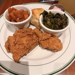Fried Chicken entree with Collard Greens, yams, and a biscuit