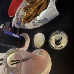 Fried greens beans and Deep Eddie ruby red with soda Fried greens beans and Deep Eddie ruby red with soda
