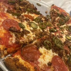 Powder Hound Pizza - Pepperoni, Italian Sausage, and Jalapeños.