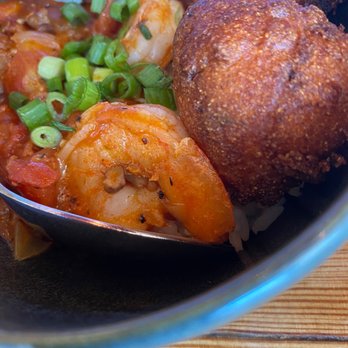 Bourbon & Baker - Shrimp Etouffee and Chorizo Hushpuppies Plate - Cocktail Bars Near Me - Manhattan, Kansas