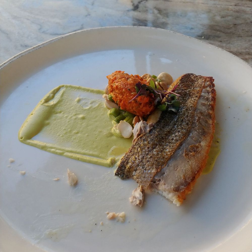 SweetFire Kitchen - Fresh Catch of the Day: Sea Bass, apsaragus puree and tomato relish. - New American Near Me - San Antonio, Texas SweetFire Kitchen - Fresh Catch of the Day: Sea Bass, apsaragus puree and tomato relish. - New American Near Me - San Antonio, Texas