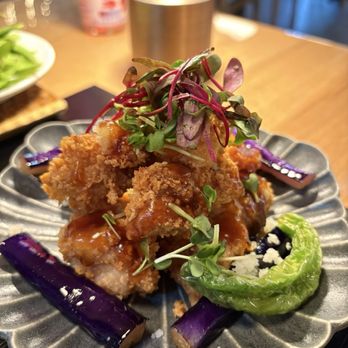 Mensho Ramen - Karaage (Fried Chicken) Japanese fried chicken, eggplant, grated daikon, sprouts, & og kurozu vinaigrette. - Ramen Near Me - Phoenix, Arizona Mensho Ramen - Karaage (Fried Chicken) Japanese fried chicken, eggplant, grated daikon, sprouts, & og kurozu vinaigrette. - Ramen Near Me - Phoenix, Arizona