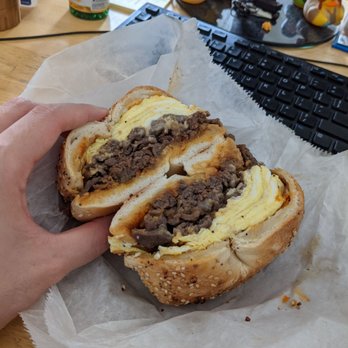 Between the Bagel - Bulgogi, egg, and cheese on an everything bagel - Bagels Near Me - Astoria, New York