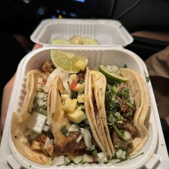 Tacos El Bronco - Small tacos- $3 each (left to right): pollo, pastor, and suadero - Mexican Near Me - Brooklyn, New York