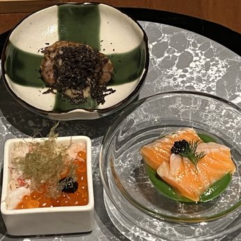 Wakuriya - New Zealand king salmon with caviar "kani "(crab) and "ikura" (salmon roe) sushi Maple leaf farms duck and truffle - Japanese Near Me - San Mateo, California