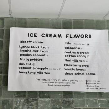 Cookiebar Scoop Shop - Menu (mango sticky rice was not listed but it is a new flavor) - Desserts Near Me - Alameda, California Cookiebar Scoop Shop - Menu (mango sticky rice was not listed but it is a new flavor) - Desserts Near Me - Alameda, California