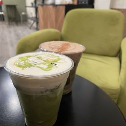 Matcha Danzan (front) little forest latte (back) Matcha Danzan (front) little forest latte (back)