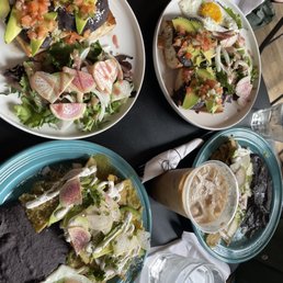 Chilaquiles, frijol toast, Coconut Maple Latte Chilaquiles, frijol toast, Coconut Maple Latte