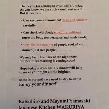Wakuriya - Note from Katsuhiro and Mayumi Yamasaki - Japanese Near Me - San Mateo, California Wakuriya - Note from Katsuhiro and Mayumi Yamasaki - Japanese Near Me - San Mateo, California
