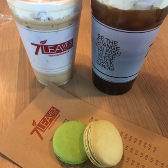 7 Leaves Cafe - His and hers. (House coffee, sea cream black coffeee, pistachio and mint chocolate macaroons. - Coffee & Tea Near Me - Alhambra, California 7 Leaves Cafe - His and hers. (House coffee, sea cream black coffeee, pistachio and mint chocolate macaroons. - Coffee & Tea Near Me - Alhambra, California