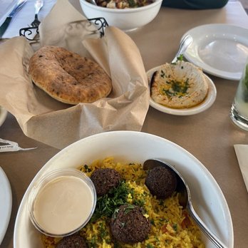 Oren's Hummus - Rice Bowl w/ Falafel, Rice Bowl w/ Chicken Skewer, and small hummus - Mediterranean Near Me - Cupertino, California