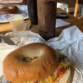 Station Six - My breakfast: cold brew coffee mix with almond milk & veggie omelette bagel. - Bakeries Near Me - Albany, New York Station Six - My breakfast: cold brew coffee mix with almond milk & veggie omelette bagel. - Bakeries Near Me - Albany, New York