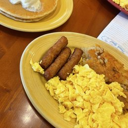 Pancakes eggs and sausage