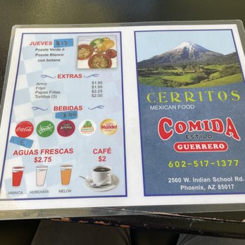 Los Cerritos - Menu - Menu from Cerritos Mexican Food in Phoenix shows a selection of Mexican dishes such as pozole verde and blanco, with prices. It also lists extra items, beverages including Coca-Cola, Sprite, and Jarritos, and fresh aguas frescas and coffee. The menu includes images of drinks and a mountain landscape on the right side. The restaurant's address and contact number are provided at the bottom. - Mexican Near Me - Phoenix, Arizona