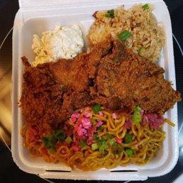 Fried chicken, adobo fried rice, noodles and mac/potato salad. WHOA!!! CHEEHEE, Kanack Attack Fried chicken, adobo fried rice, noodles and mac/potato salad. WHOA!!! CHEEHEE, Kanack Attack