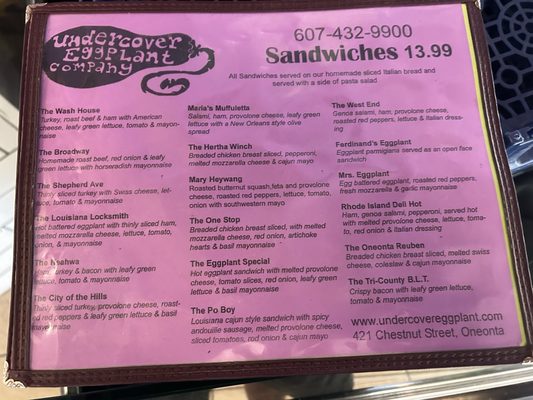 Menu photo 1 Undercover Eggplant Oneonta, NY Menu photo 1 Undercover Eggplant Oneonta, NY