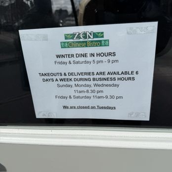 Zen Chinese Bistro - Winter dine in hours - Bars Near Me - Portland, Maine