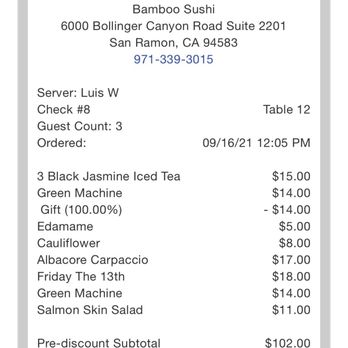 Bamboo Sushi - Lunch bill! - Sushi Bars Near Me - San Ramon, California Bamboo Sushi - Lunch bill! - Sushi Bars Near Me - San Ramon, California