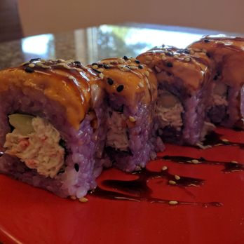 V & A Sushi - New item: Purple Yam rice with salmon on top - Japanese Near Me - Portland, Oregon