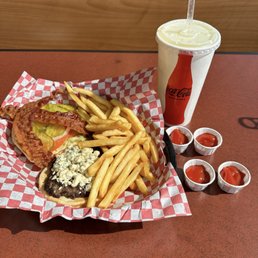 Blue cheeseburger with added bacon and in a combo.