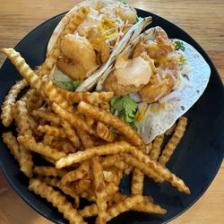 TimeOut Tavern - Two shrimp tacos and an order of fries.