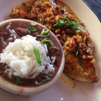 Stella San Jac - Grilled catfish topped with crawfish and a side of red beans and rice. - New American Near Me - Austin, Texas Stella San Jac - Grilled catfish topped with crawfish and a side of red beans and rice. - New American Near Me - Austin, Texas