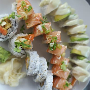 Sushi Zen - (right to left) Shrimp Tempura Roll, Salmon Lemon Roll, White Christmas Roll - Sushi Bars Near Me - Mill Creek, Washington