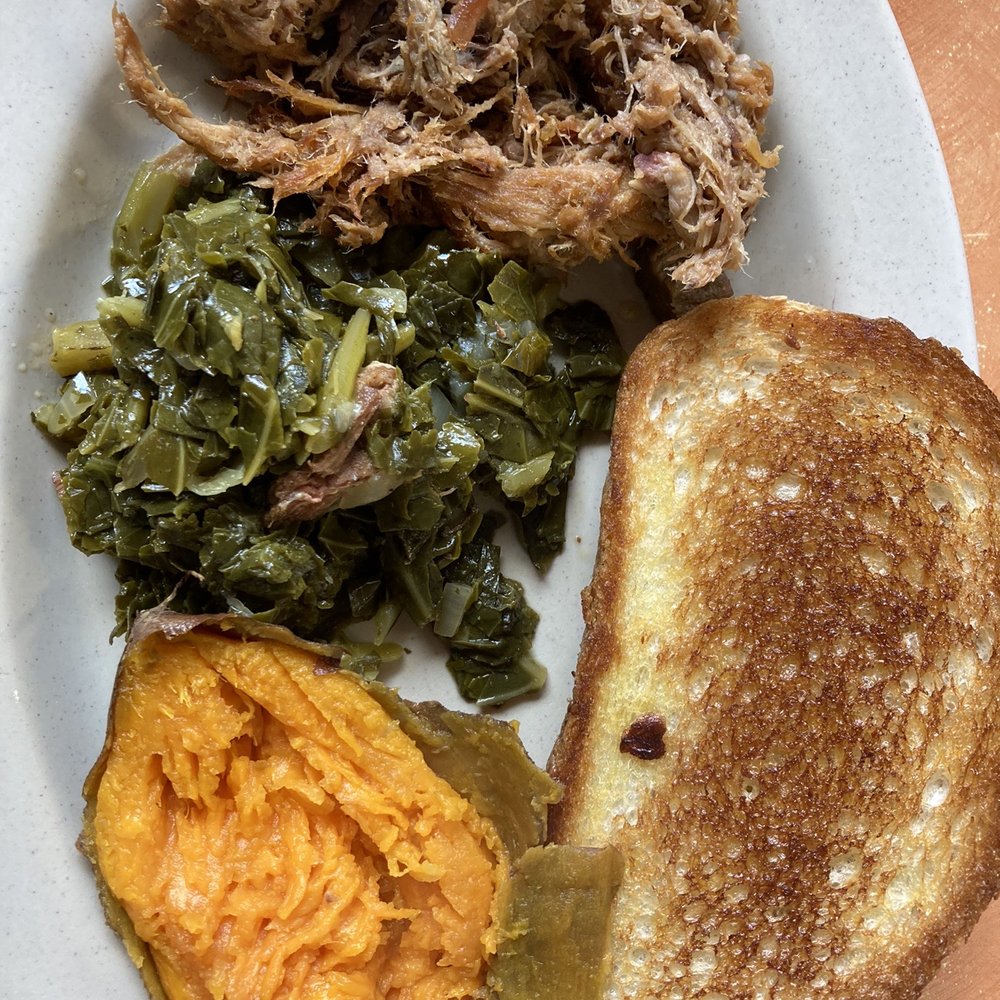 Dianne's Old Time BBQ - Pulled pork, collard greens, sweet potato, and garlic bread lunch special. This is half, because I split it. - Barbeque Near Me - Hawthorne, Florida Dianne's Old Time BBQ - Pulled pork, collard greens, sweet potato, and garlic bread lunch special. This is half, because I split it. - Barbeque Near Me - Hawthorne, Florida