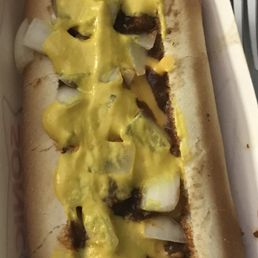 Suppose to be a Chili Cheese Coney w/ light mustard but always get them looking like this. Disgusting. Suppose to be a Chili Cheese Coney w/ light mustard but always get them looking like this. Disgusting.