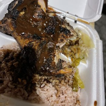 Irie Mon Cafe - Jerk chicken, rice and peas and cabbage meal - Caribbean Near Me - Atlanta, Georgia