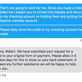 Equinox - Berkeley - Tweet interaction with customer service after responding to yet another billing mistake. - Gyms Near Me - Berkeley, California
