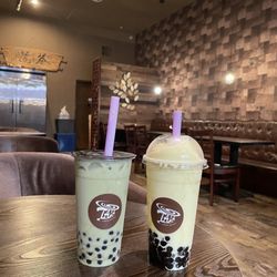 Tala Coffee & Tea - Matcha latte with almond milk and boba Mango smoothie with boba