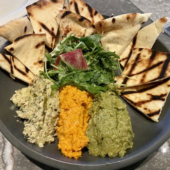 Adrestia - Trio of Spreads: Zucchini Baba Ghanoush, Carrot Hummus, Olive Tapenade - New American Near Me - Sunnyvale, California