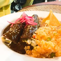 Revolución Mexicana - Mole Enchiladas. Rolled tortillas with chicken topped with an awesome mole sauce!