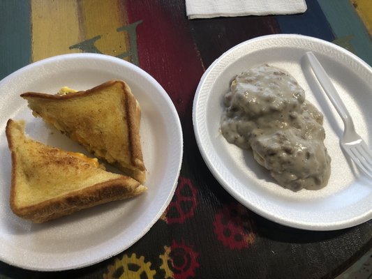 Photo of The Local Grind - Martinsville, IN, US. Scrambled Sammy's on Texas Toast with Small Biscuit and Gravy