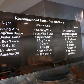 Rc Mongolian BBQ Buffet - Menu to assist your oils mixture (I like Chili oil and soy sauce) - Buffets Near Me - Rancho Cucamonga, California