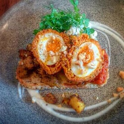 Ora - Spiced Tiffin Egg w/ Bombay Hash, Kasundi & Cashew Crumb
