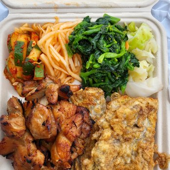 Kim's Korean Bar-B-Q - Chicken, meat jun, 4 sides, 2 big scoops of rice beneath - Korean Near Me - Honolulu, Hawaii
