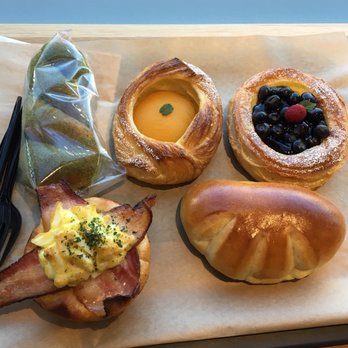 Tokyo Premium Bakery - Green tea donut, egg & smokes bacon, peach, mixed berry, and the bottom left is a cream filled pastry. Yaaaaas!!! - Bakeries Near Me - Denver, Colorado Tokyo Premium Bakery - Green tea donut, egg & smokes bacon, peach, mixed berry, and the bottom left is a cream filled pastry. Yaaaaas!!! - Bakeries Near Me - Denver, Colorado