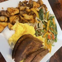 Brick Farm Breakfast - $16 - vegetarian breakfast. Scrambled w sautéed vegs, home fries, rye.