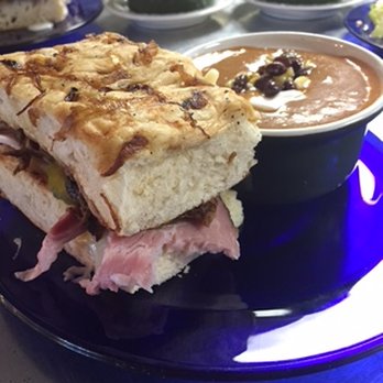 Cafe Aquarius - Cubano on onion focaccia w/ chicken tortilla soup - Vegan Near Me - Chalmette, Louisiana Cafe Aquarius - Cubano on onion focaccia w/ chicken tortilla soup - Vegan Near Me - Chalmette, Louisiana