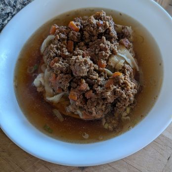 Imperial Tea Court - Hand stretched noodles with ground pork, takeout after reheating the broth - Tea Rooms Near Me - San Francisco, California Imperial Tea Court - Hand stretched noodles with ground pork, takeout after reheating the broth - Tea Rooms Near Me - San Francisco, California