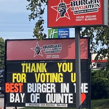 Burger Revolution - a sign that says thank you for voting you best burger in the bay of - Burgers Near Me - Belleville, Ontario Burger Revolution - a sign that says thank you for voting you best burger in the bay of - Burgers Near Me - Belleville, Ontario