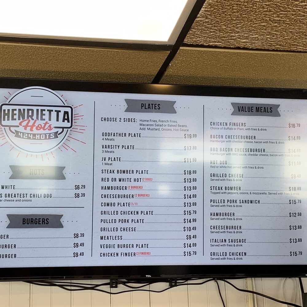 Henrietta Hots - the menu on the wall - Burgers Near Me - Rochester, New York