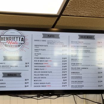 Henrietta Hots - the menu on the wall - Burgers Near Me - Rochester, New York