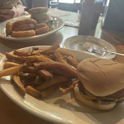 Shorthorns Tavern & Grill - Longhorn Burger and fries and Smashburger with onion rings .
