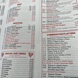 The menu lists Chinese takeout options including pork, beef, seafood, and specialty dishes, with prices and portion sizes. It also features combination platters and a special diet menu.