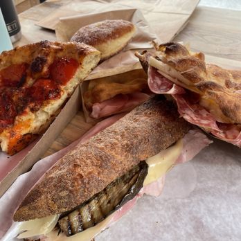 Bread and Salt - Salami & pecorino sandwich, prosciutto eggplant and cheese sandwich, Mortadella sandwich, tomato focaccia and vanilla bomboloni - Pizza Near Me - Jersey City, New Jersey