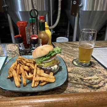 Bullfrog Brewery - All American burger with fried egg and bacon with Simple German Pilsner draft - New American Near Me - Williamsport, Pennsylvania